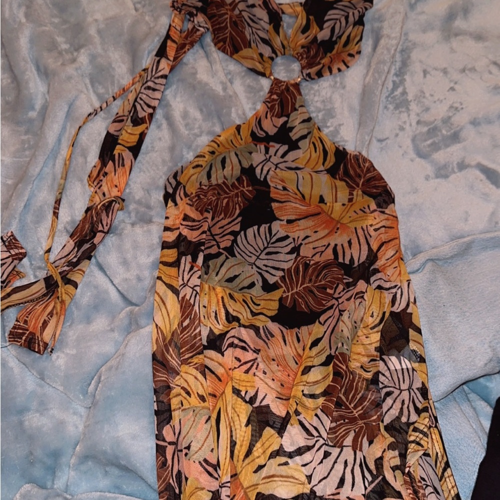 Fashion Nova Tropical Leaf Print Halter Dress